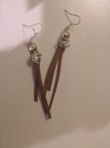 Earrings, pearl and faux suede, wire wrapped